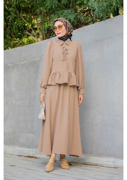 Emy Krep Fırfır Bluz Etekli Takım-Taba