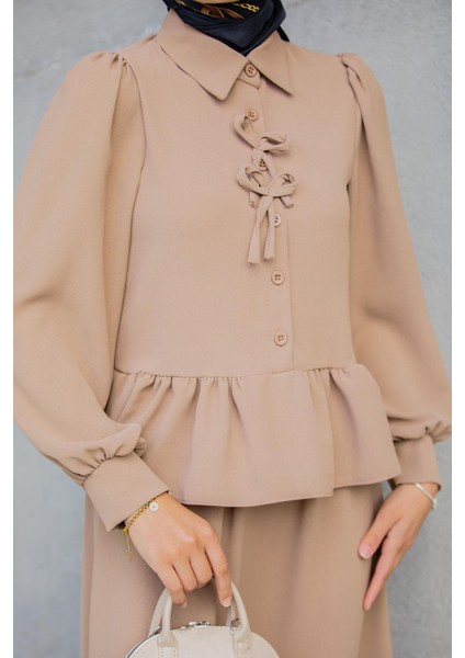 Emy Krep Fırfır Bluz Etekli Takım-Taba fiyatları