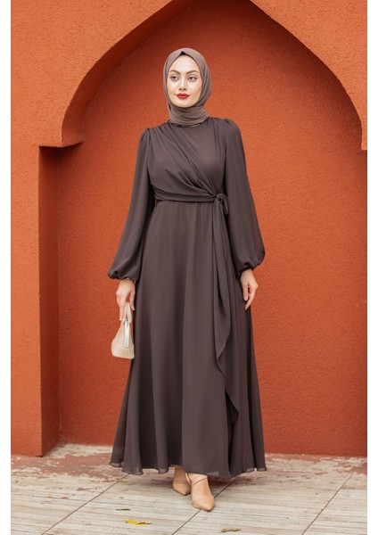 Narin Mat Şifon Tesettür Abiye-Kahve