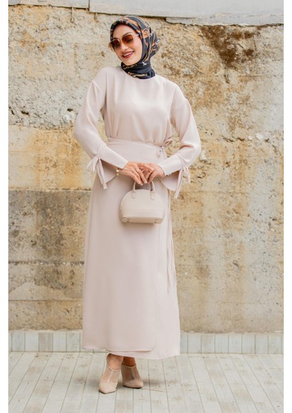 Krep Anvelop Bağlamalı Etek Bluz Takım-Bej