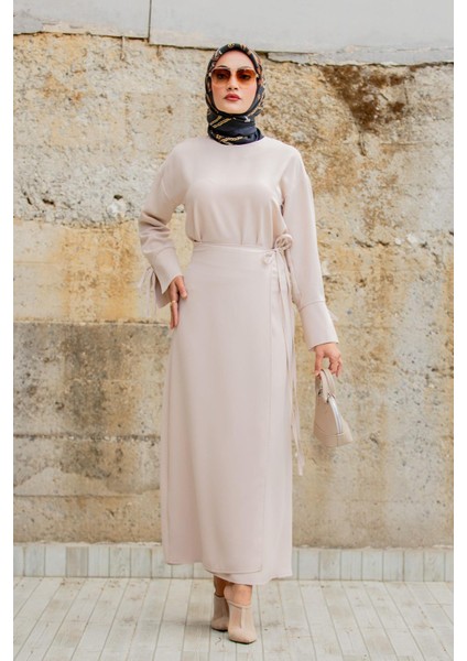 Krep Anvelop Bağlamalı Etek Bluz Takım-Bej modelleri