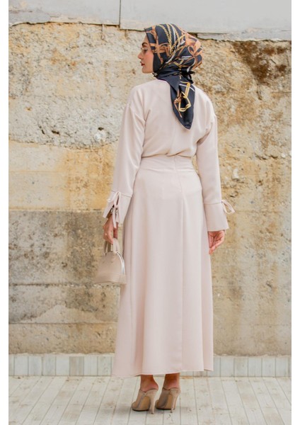 Krep Anvelop Bağlamalı Etek Bluz Takım-Bej fırsatları