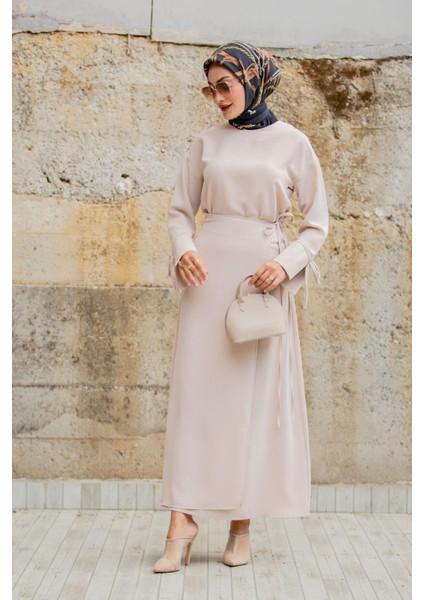 Krep Anvelop Bağlamalı Etek Bluz Takım-Bej indirimleri