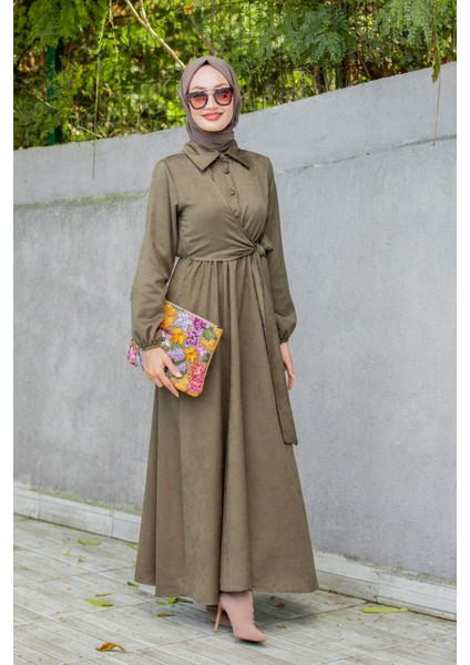 Süet Roba Bağlamalı Elbise-Haki