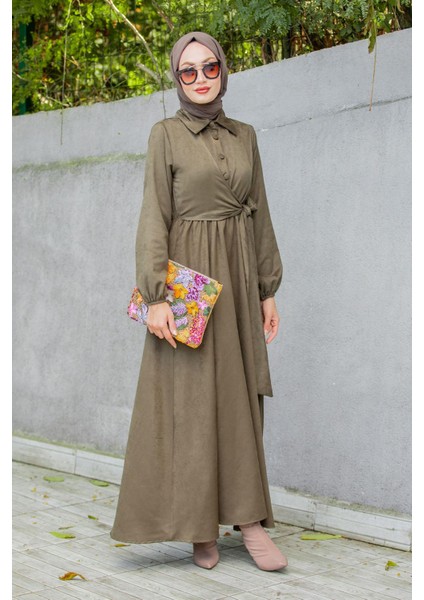 Süet Roba Bağlamalı Elbise-Haki modelleri