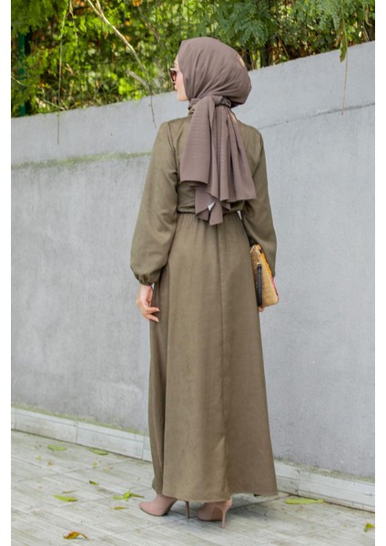 Süet Roba Bağlamalı Elbise-Haki fırsatları