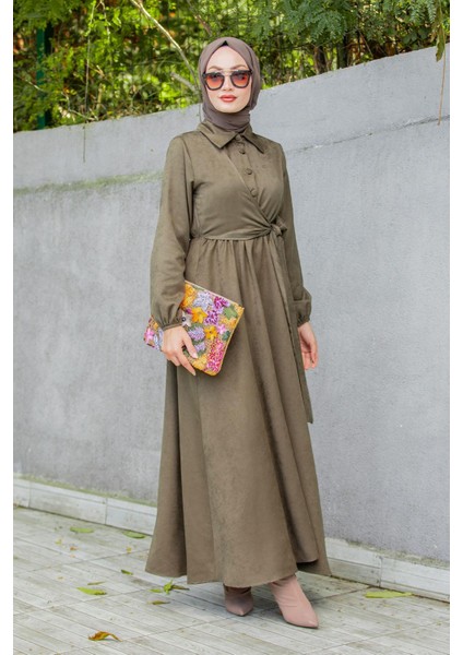 Süet Roba Bağlamalı Elbise-Haki indirimleri