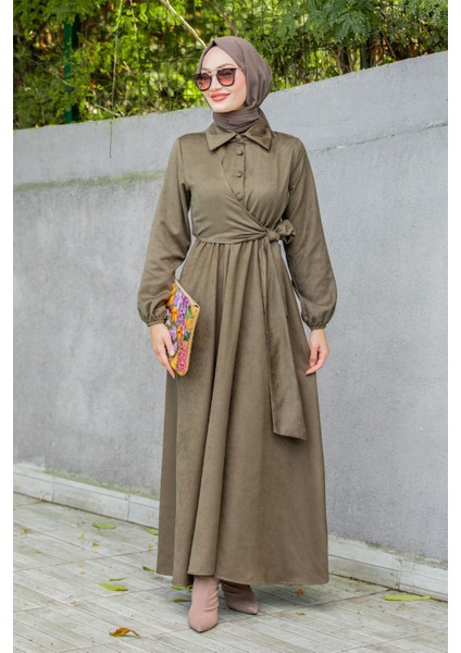 Süet Roba Bağlamalı Elbise-Haki
