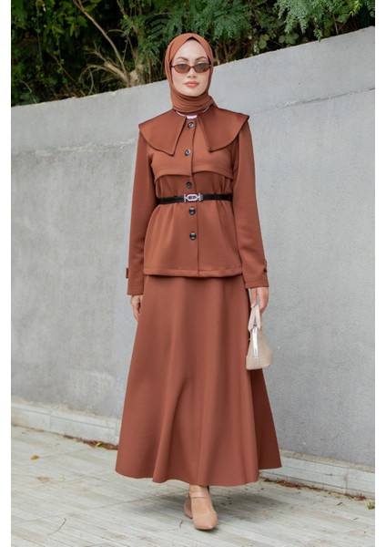 Pufy Dalgıç Ceket Etek Kemerli Takım-Kahve