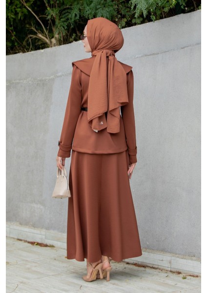 Pufy Dalgıç Ceket Etek Kemerli Takım-Kahve modelleri