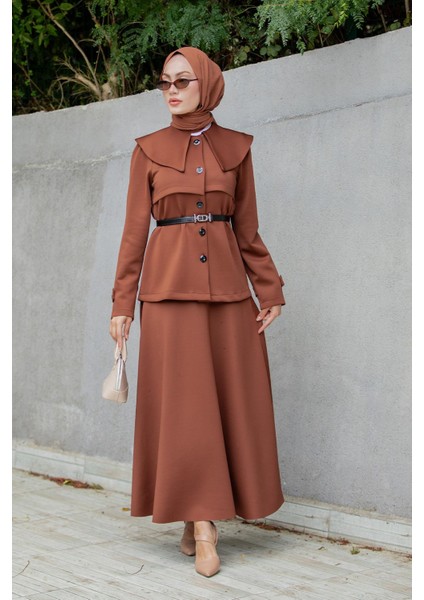 Pufy Dalgıç Ceket Etek Kemerli Takım-Kahve indirimleri