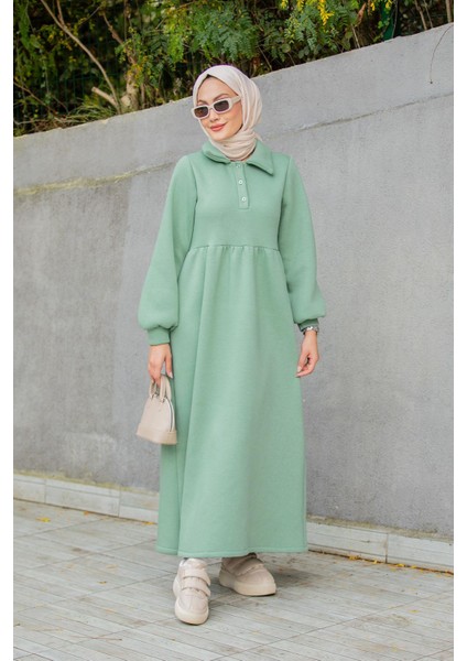 Yakalı Üç Iplik Spor Robalı Elbise-Mint