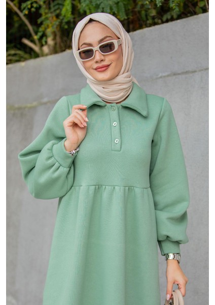 Yakalı Üç Iplik Spor Robalı Elbise-Mint fiyatları