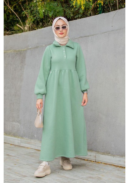 Yakalı Üç Iplik Spor Robalı Elbise-Mint fırsatları