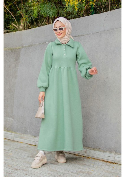 Yakalı Üç Iplik Spor Robalı Elbise-Mint indirimleri