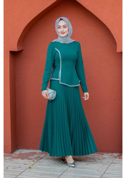 Queny Asil Bluz Etek Abiye Takım-Petrol