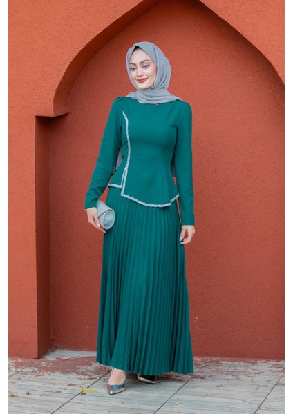 Queny Asil Bluz Etek Abiye Takım-Petrol