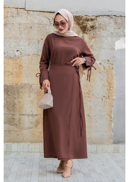 Krep Anvelop Bağlamalı Etek Bluz Takım-Kahve