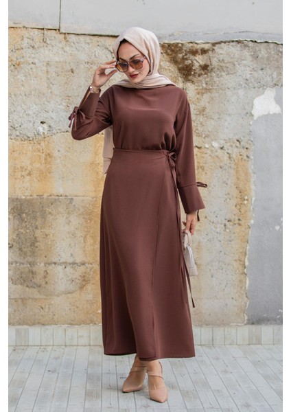 Krep Anvelop Bağlamalı Etek Bluz Takım-Kahve fırsatları