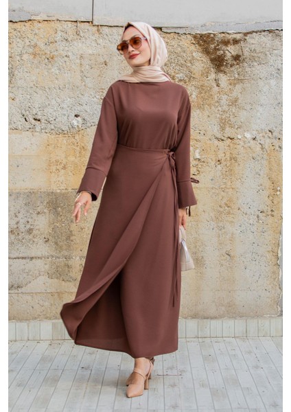 Krep Anvelop Bağlamalı Etek Bluz Takım-Kahve indirimleri