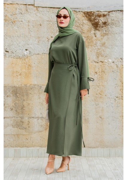 Krep Anvelop Bağlamalı Etek Bluz Takım-Haki
