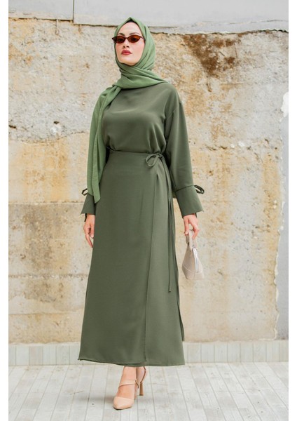 Krep Anvelop Bağlamalı Etek Bluz Takım-Haki modelleri