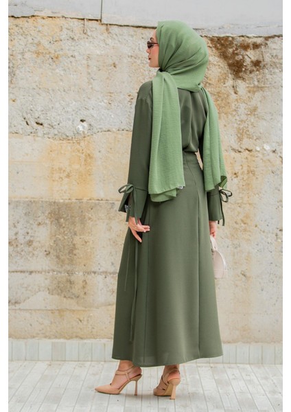 Krep Anvelop Bağlamalı Etek Bluz Takım-Haki fırsatları