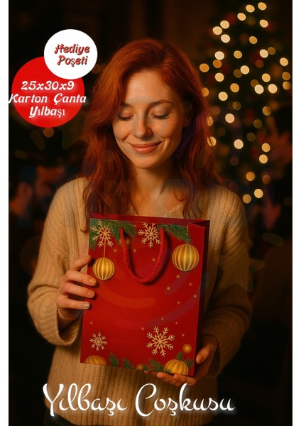 Kırmızı Noel Desenli Hediye Çantası 25X30X9, Yılbaşı Hediye Poşeti 1 Adet fiyatları