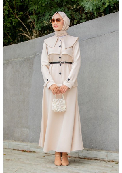 Pufy Dalgıç Ceket Etek Kemerli Takım-Bej