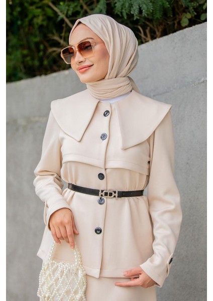 Pufy Dalgıç Ceket Etek Kemerli Takım-Bej fiyatları