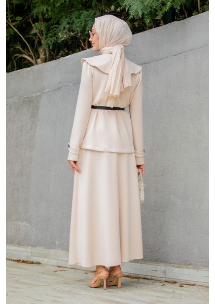 Pufy Dalgıç Ceket Etek Kemerli Takım-Bej modelleri