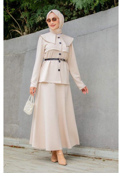 Pufy Dalgıç Ceket Etek Kemerli Takım-Bej indirimleri