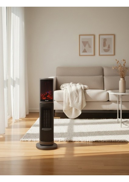 German OBEN Grey Series Seramik Kule Tipi Fanlı Isıtıcı Dijital Ekran Şömine Efektli Uzaktan Kumandalı