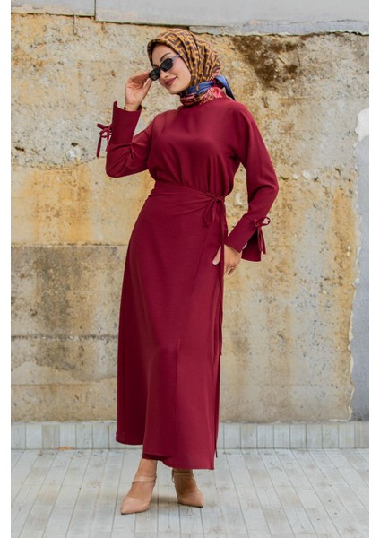 Krep Anvelop Bağlamalı Etek Bluz Takım-Bordo