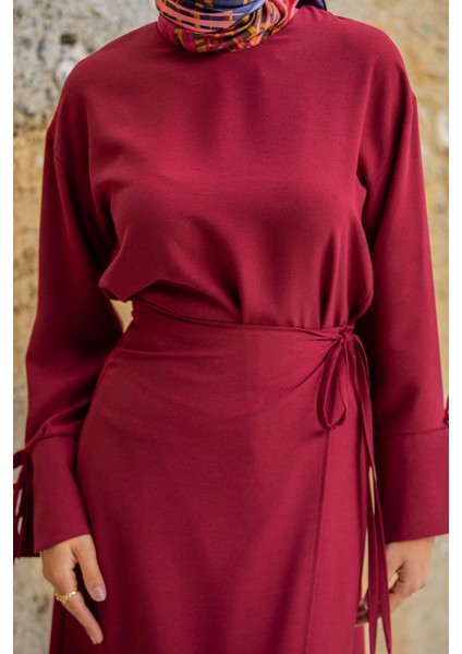 Krep Anvelop Bağlamalı Etek Bluz Takım-Bordo fiyatları