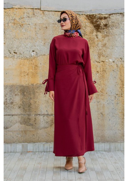 Krep Anvelop Bağlamalı Etek Bluz Takım-Bordo modelleri