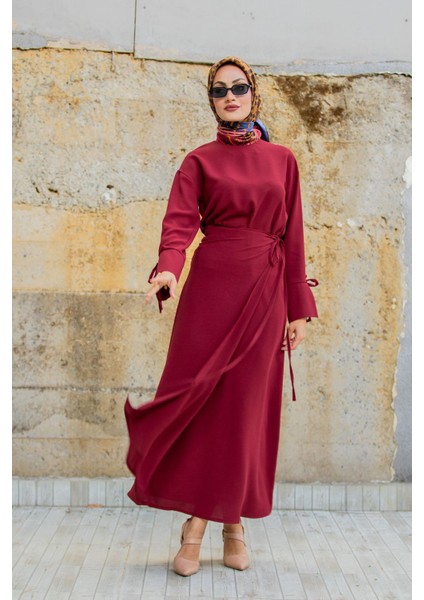 Krep Anvelop Bağlamalı Etek Bluz Takım-Bordo indirimleri