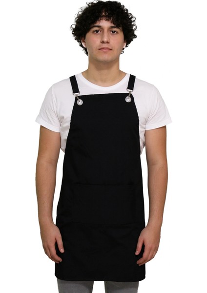 Barbanza Siyah Askılı Şef Önlüğü – Dayanıklı Kumaş, Mutfak ve Barista Önlüğü