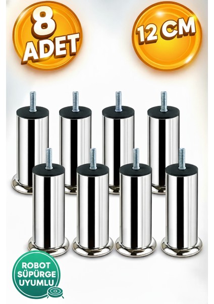 Baza Koltuk Kanepe Mobilya Ayağı Ince Diş Metrik 8mm Krom Metal Ayakları 12CM 8 Adet