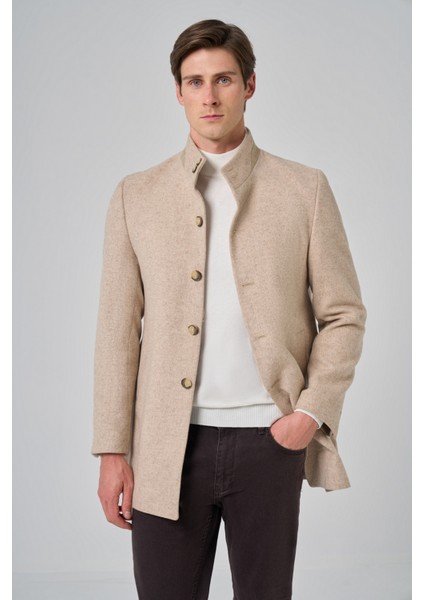 Erkek Bej Yünlü Dynamic Fit Hakim Yaka Kaban modelleri