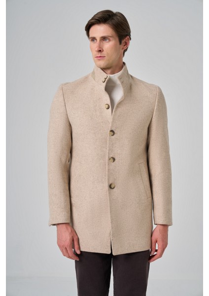 Erkek Bej Yünlü Dynamic Fit Hakim Yaka Kaban fırsatları
