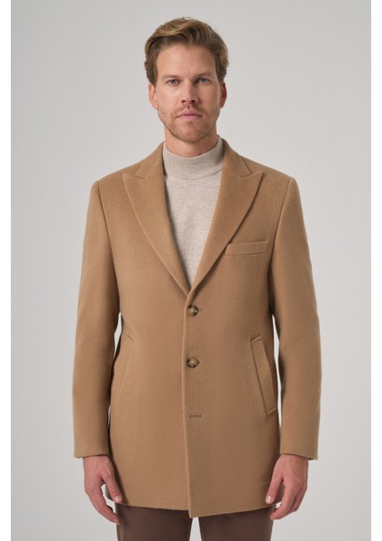 Erkek Bej Yünlü Düz Dynamic Fit Sivri Yaka Kaban