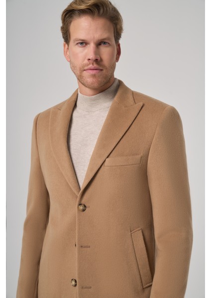 Erkek Bej Yünlü Düz Dynamic Fit Sivri Yaka Kaban fiyatları