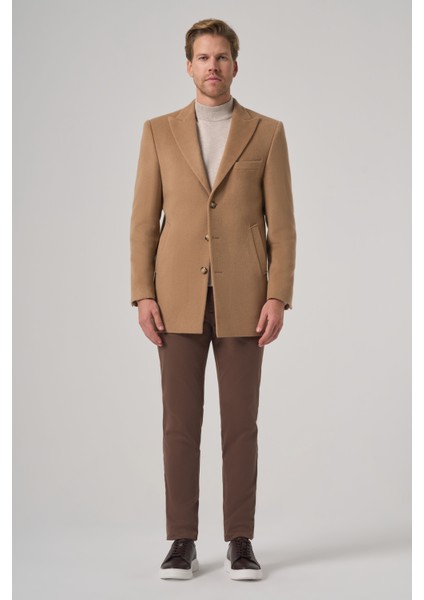 Erkek Bej Yünlü Düz Dynamic Fit Sivri Yaka Kaban fırsatları