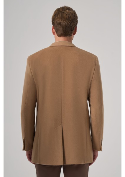 Erkek Bej Yünlü Düz Dynamic Fit Sivri Yaka Kaban indirimleri
