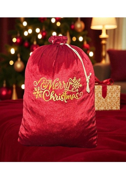 Kırmızı Baskılı Noel Baba Hediye Dağıtım Çuvalı 35X50, Kutlama ve Hediye Taşıma Kolaylığı