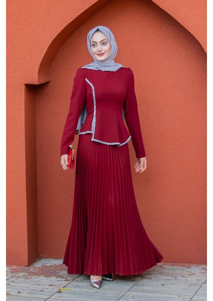 Queny Asil Bluz Etek Abiye Takım-Bordo