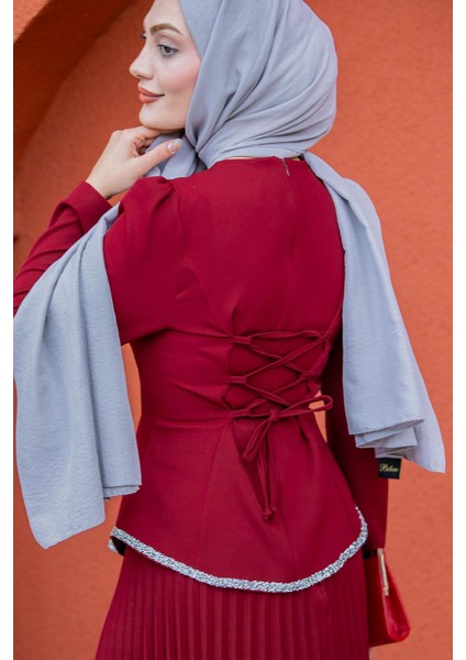 Queny Asil Bluz Etek Abiye Takım-Bordo fiyatları