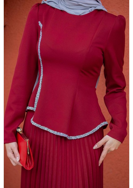 Queny Asil Bluz Etek Abiye Takım-Bordo modelleri