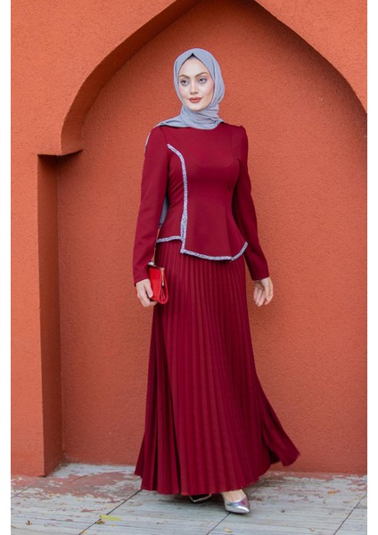 Queny Asil Bluz Etek Abiye Takım-Bordo fırsatları